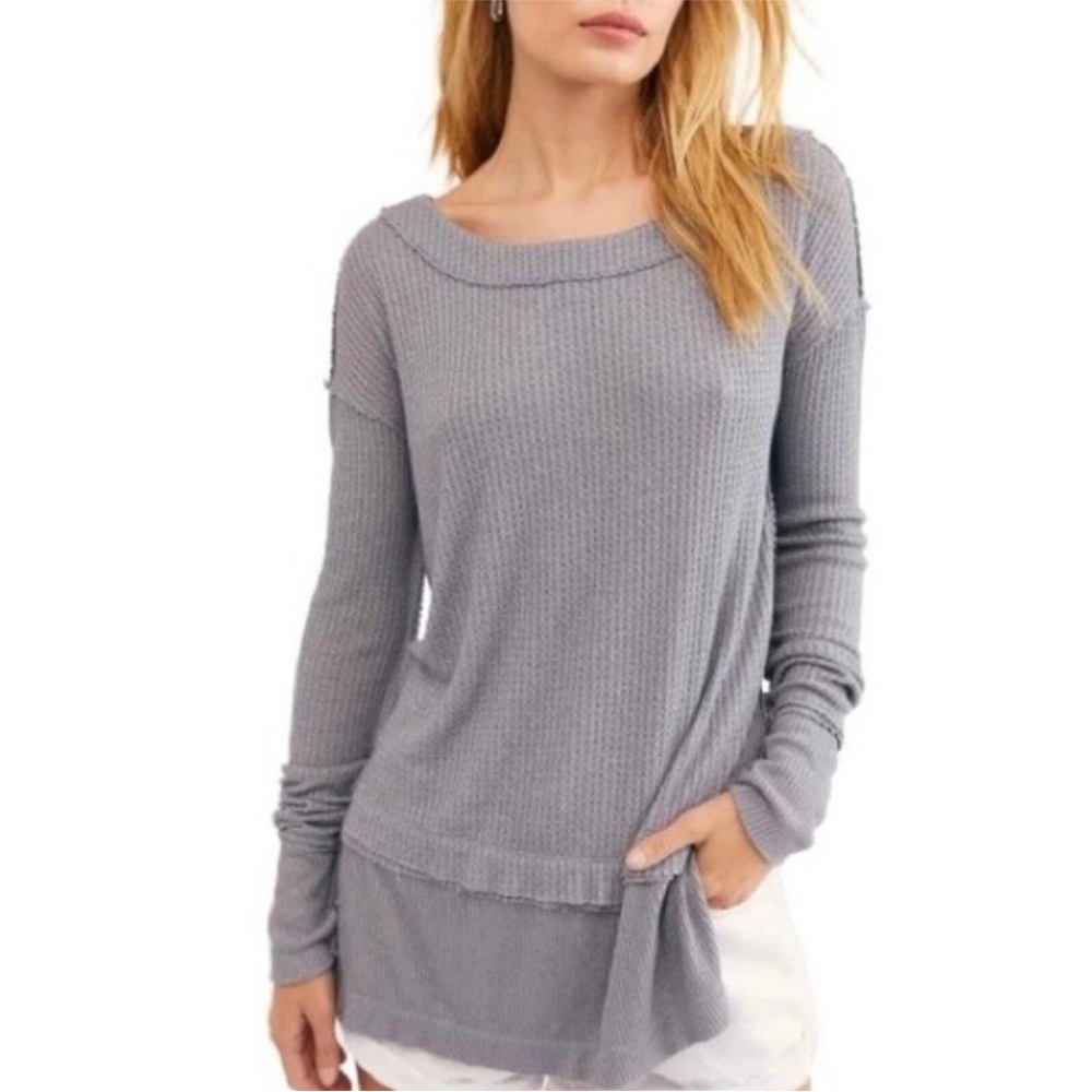 We The Free Light Gray Waffle Long-Sleeve Top